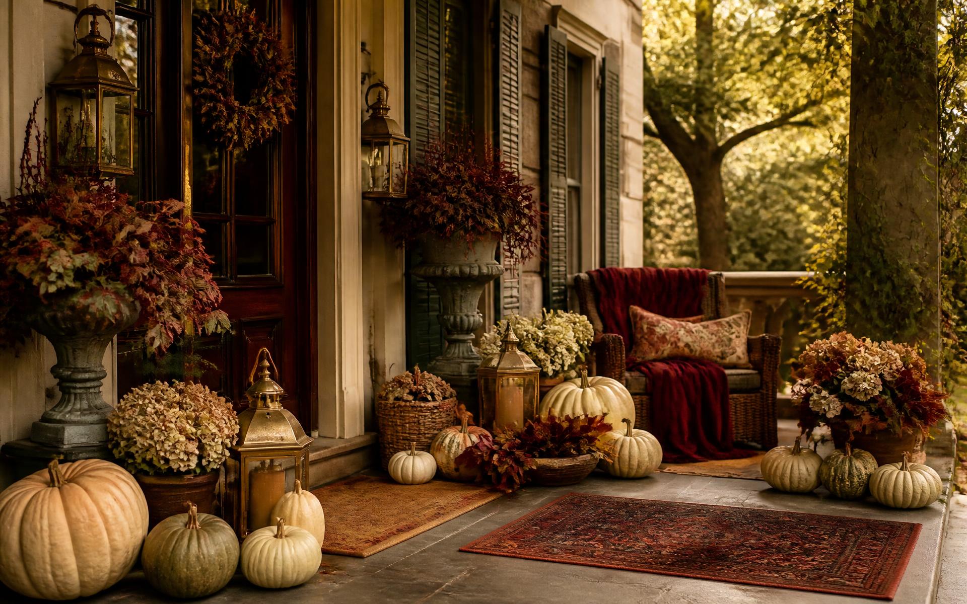 A stunning front entrance layered with heirloom pumpkins, seasonal florals and warm architectural details